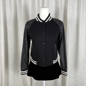 Forever 21 Jacket Womens Small Black Varsity Faux Leather Sleeve Snap Front